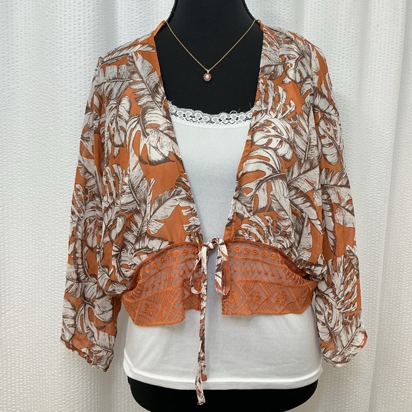 Timing Tops - Timing Orange and White Leaf Pattern tie blouse